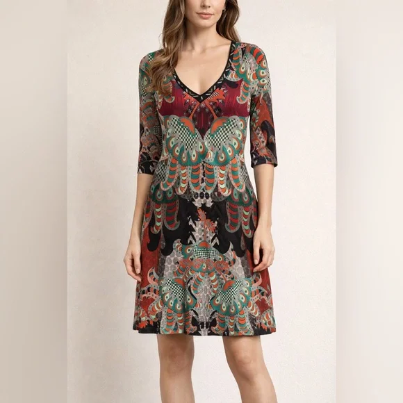 Custo Barcelona Dress Size Medium Abstract Boho 90s Y2K Knee Length Artsy V-Neck - Picture 16 of 16